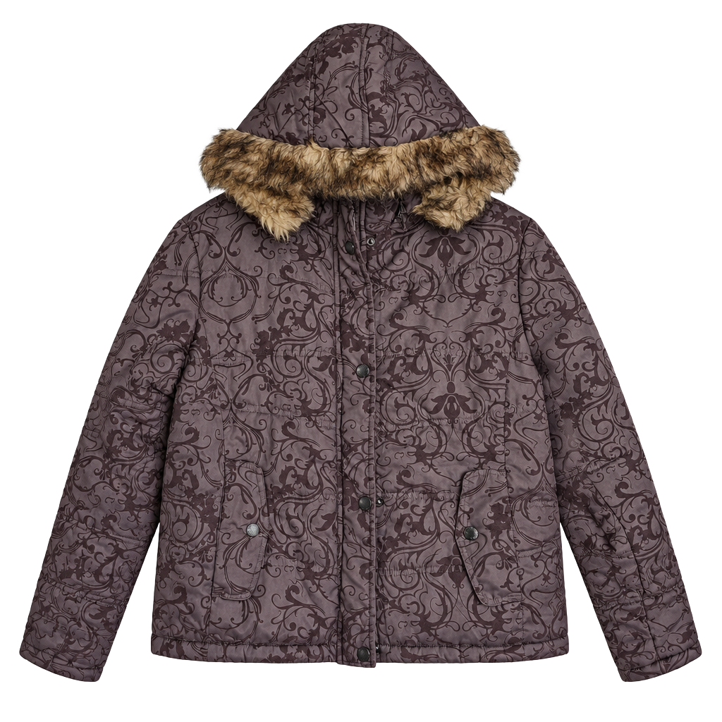 X-Five Basic Puffer Jacket XL Brown Paisley Faux Fur Hood Winter 1