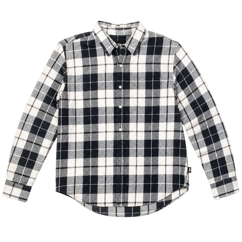 Stüssy Black and White Plaid Flannel Button Up Shirt - Size Medium, OF 1