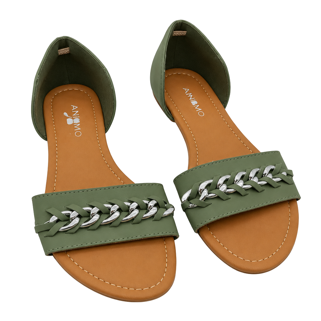 Andiamo Acody Flat Sandals Size 7.5M Green Chain Detail 1