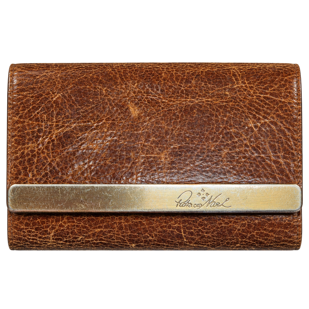 Patricia Nash Distressed Brown Leather Wallet Metal Bar Logo 1