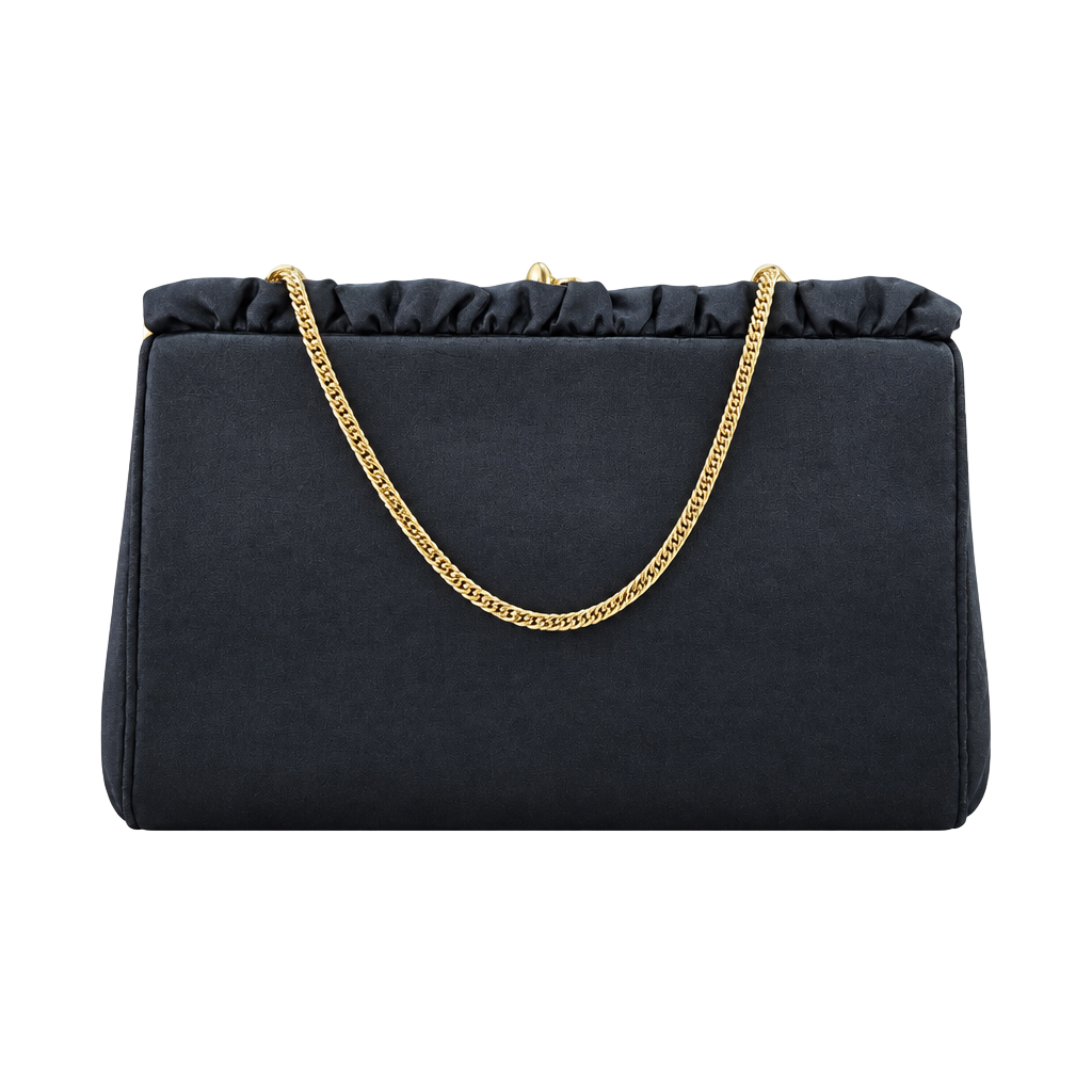 H.L. Harry Levine Vintage Black Satin Ruffled Clutch With Chain 1