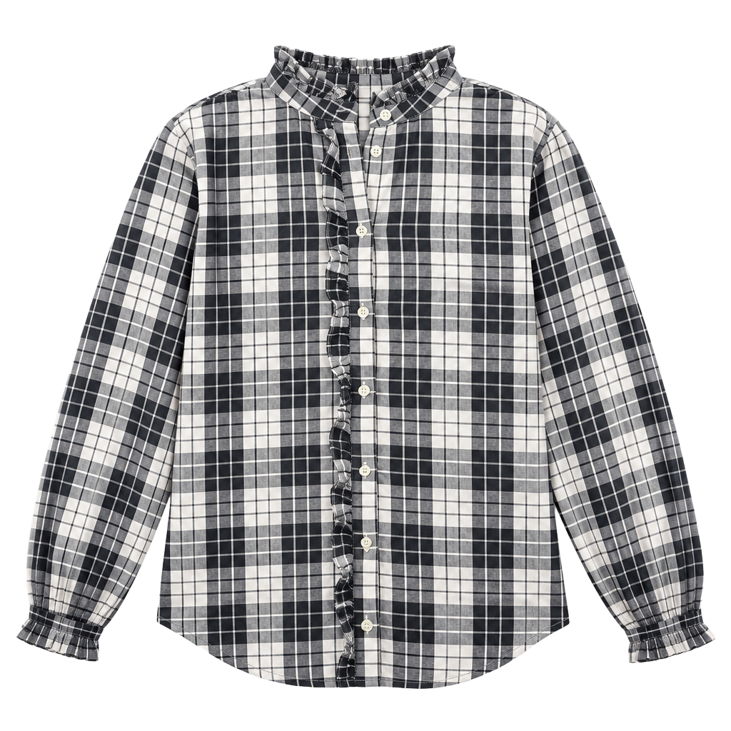 LOFT Ruffle Plaid Blouse Size S Black White Long Sleeve h1599 1