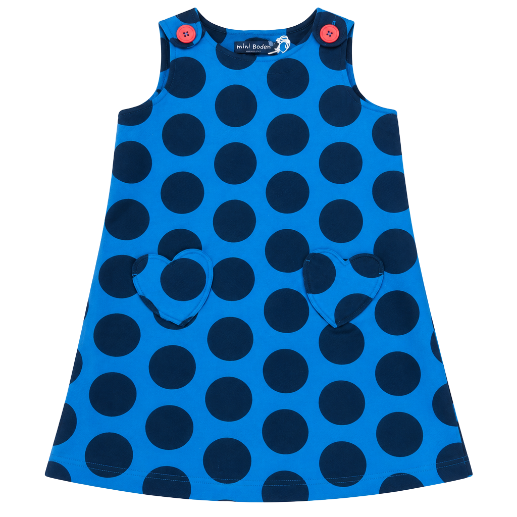 Mini Boden Pinafore Dress Size 7-8Y Blue/Navy Polka Dot Heart Pockets 1