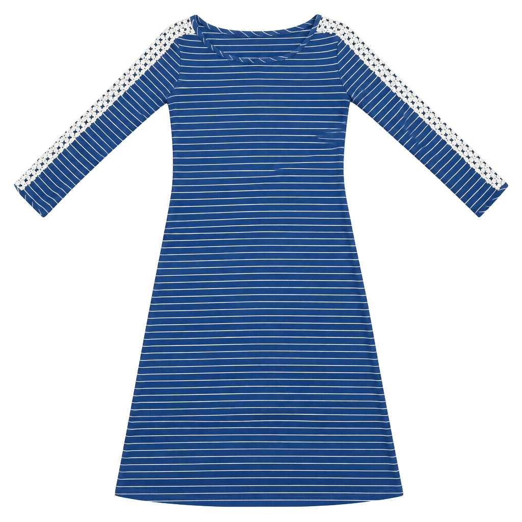 Lilly Pulitzer Dress Size M Blue White Striped Ribbed Lace Sleeve 1