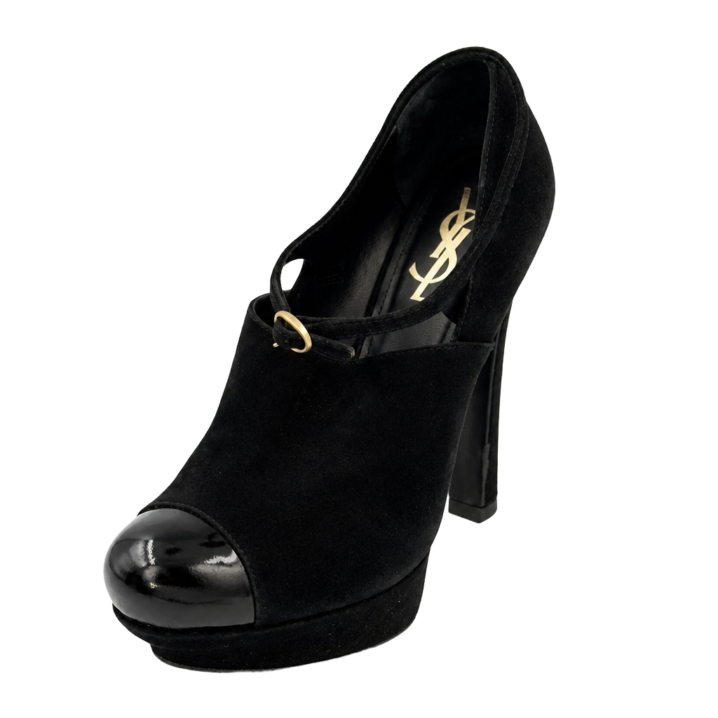 Yves Saint Laurent Black Suede Palais 105 Mary Jane Platform Pumps with Patent Toe 38 1