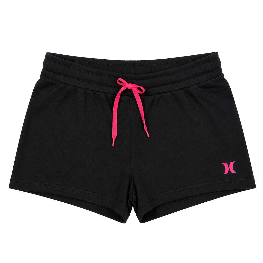 Hurley Girls Black French Terry Knit Shorts with Pink Logo and Drawstring 1