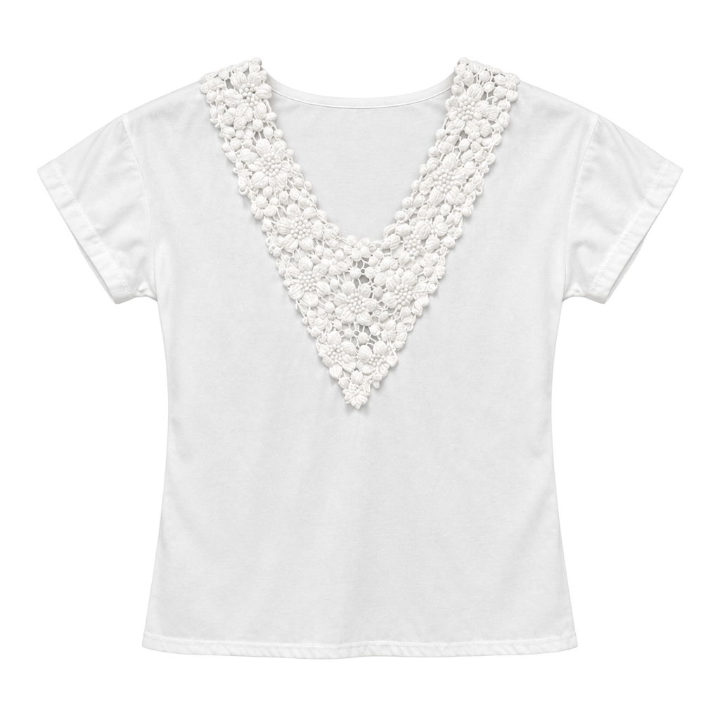 OVERMAN V-Neck Top Size M White Crochet Lace Neckline Short Sleeve 1