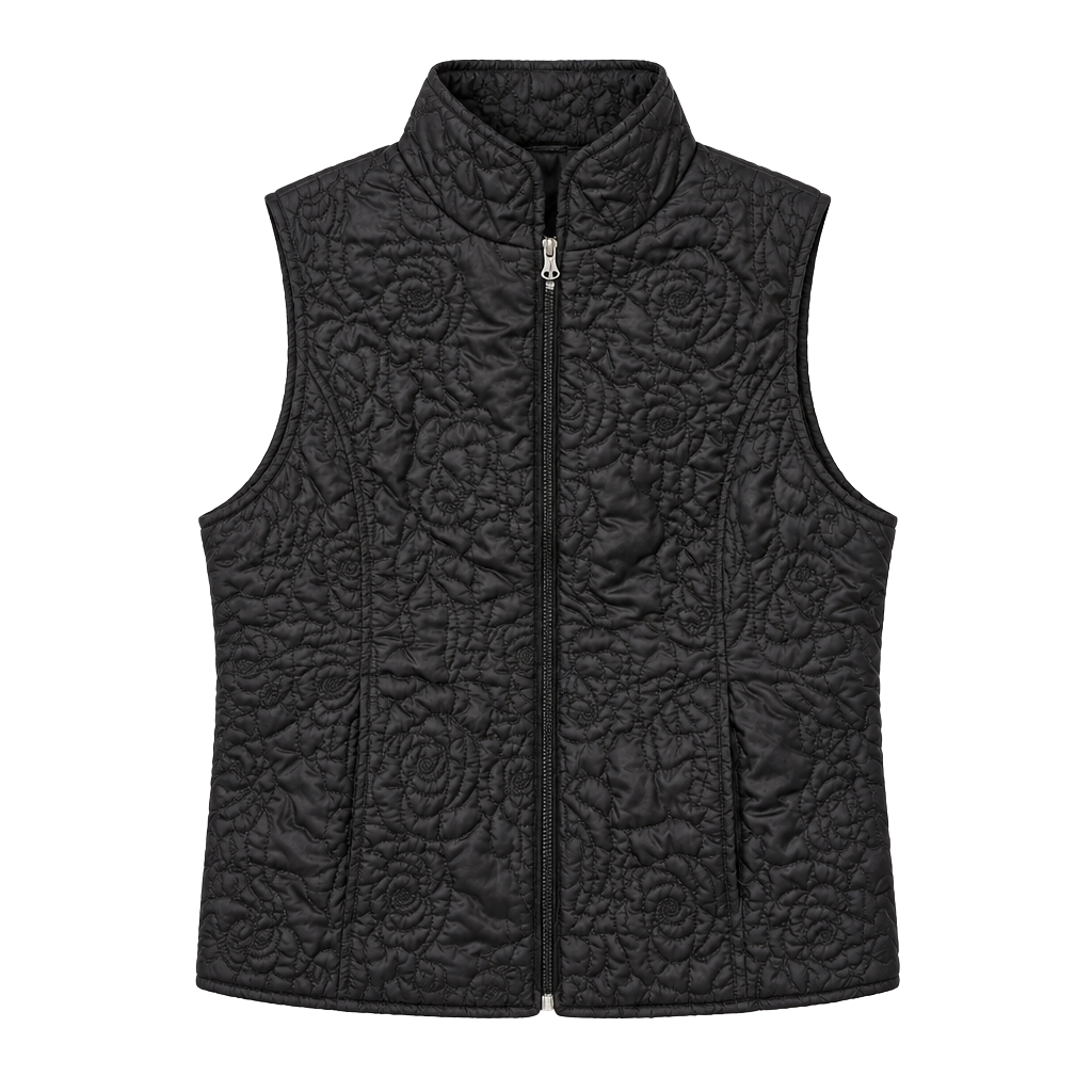 Nina Capri Quilted Vest Size S Black Rose Pattern Full Zip 1