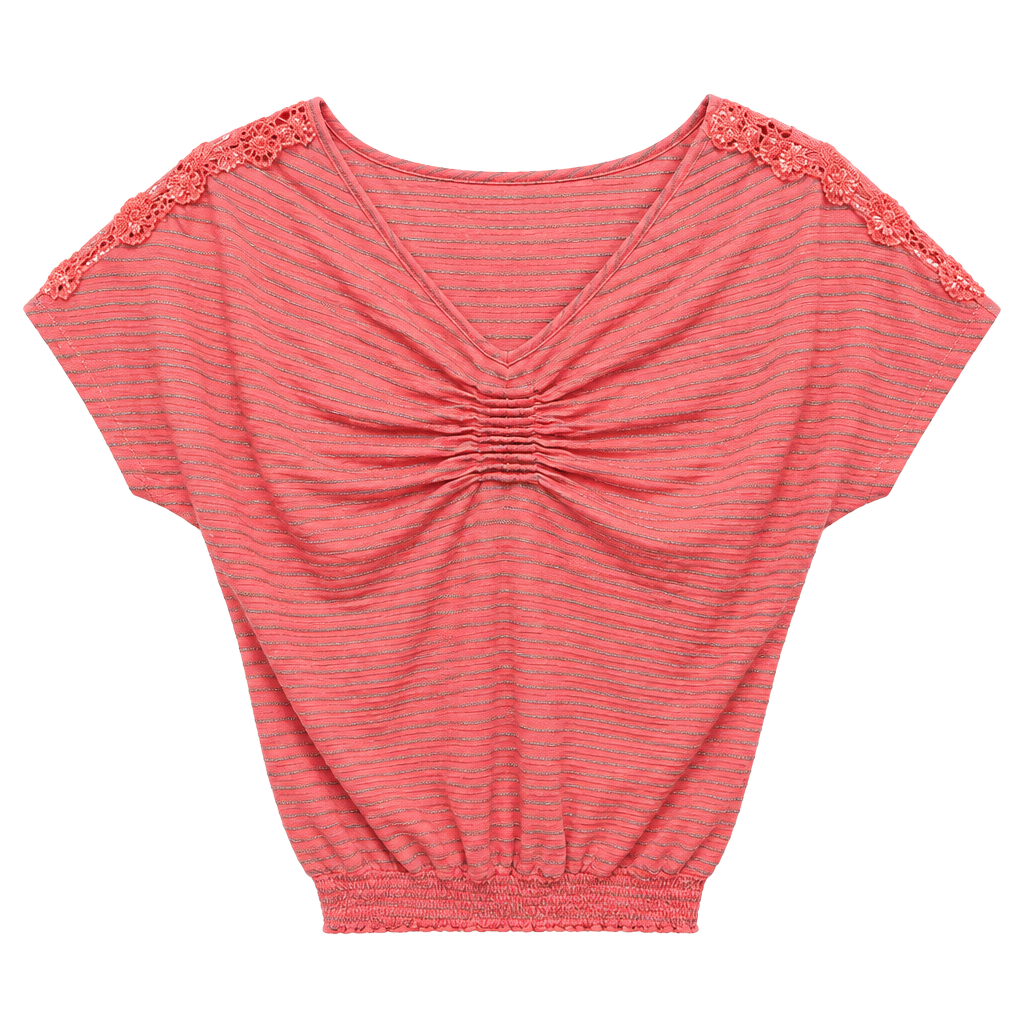 Weavers Striped Lace Shoulder Blouse Size M Coral Brown 1