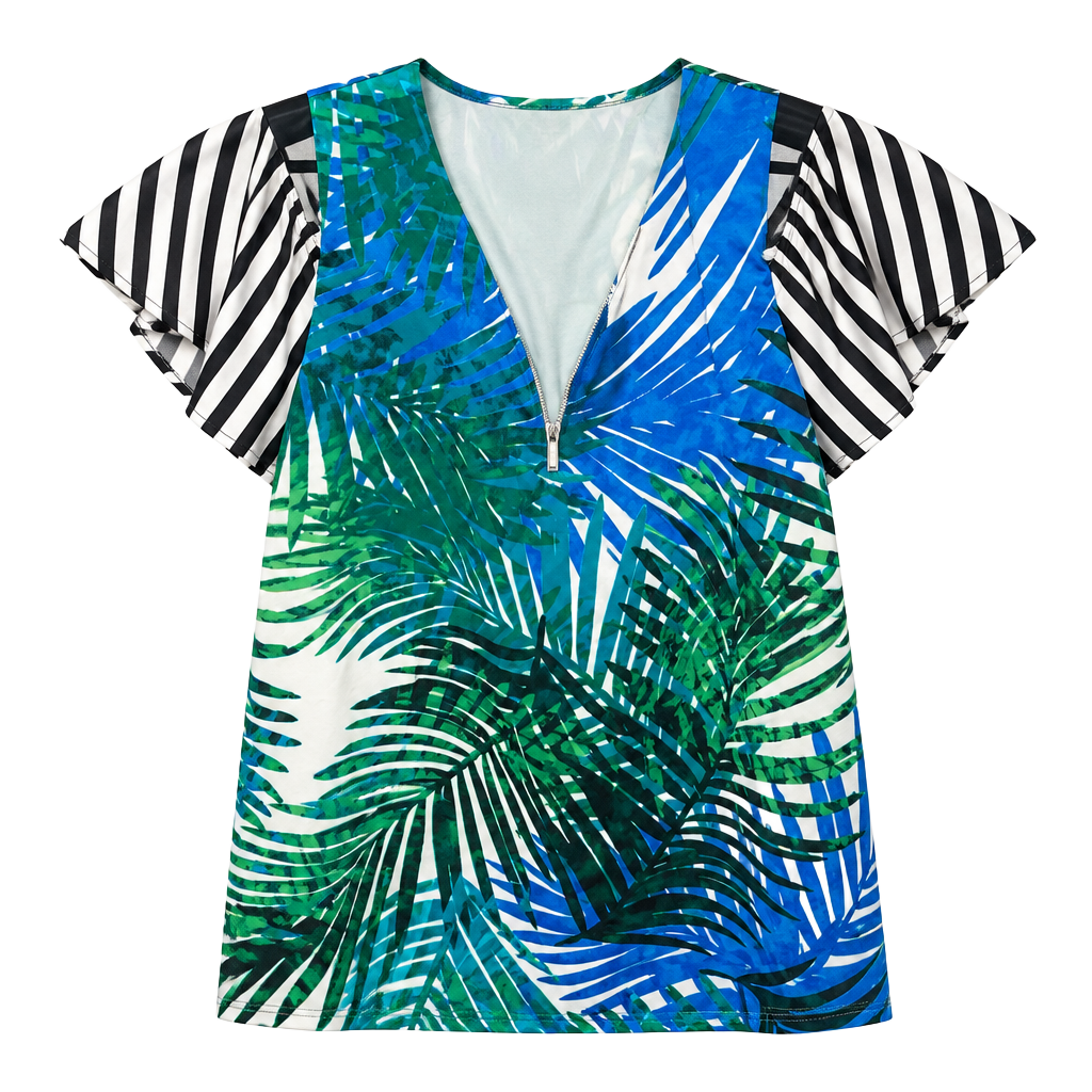 Calvin Klein Blouse Size L Cold Shoulder Tropical Print Ruffle Sleeve 1