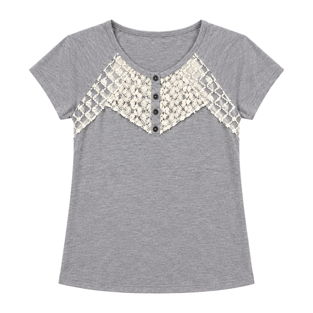 Demeanor Lace Yoke T-Shirt Size M Gray Short Sleeve Button Top 1