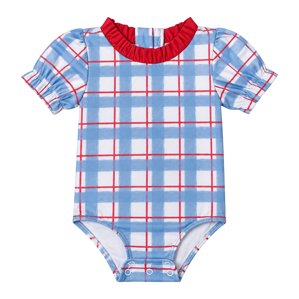 Hamner Hill Plaid Swimsuit Size 3M Blue Red Ruffle Baby Bodysuit 1
