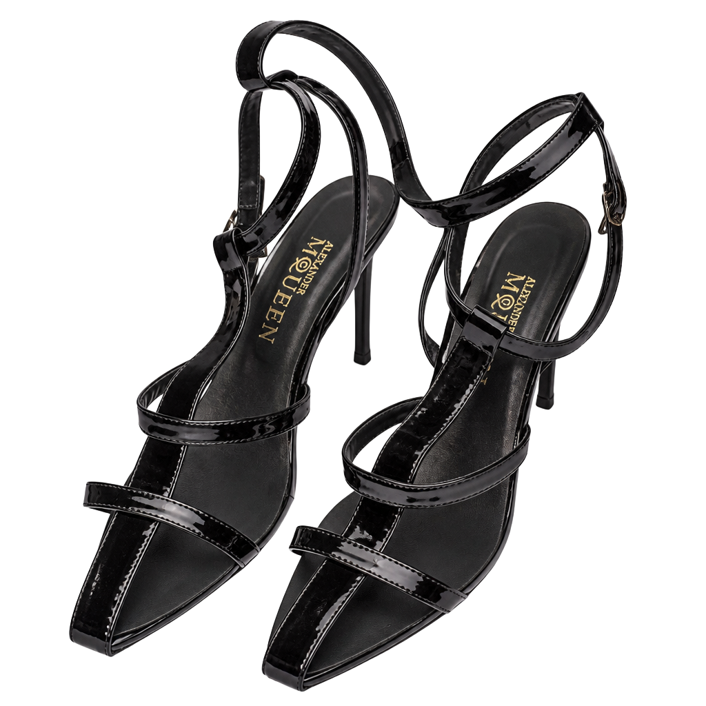 Alexander McQueen Black Patent Leather Ankle Strap Block Heel Sandals Size 39 1