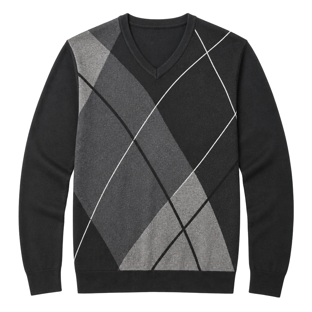 Claiborne Mens Cotton Pullover Long Sleeve V-Neck Argyle Sweater Black Grey 1