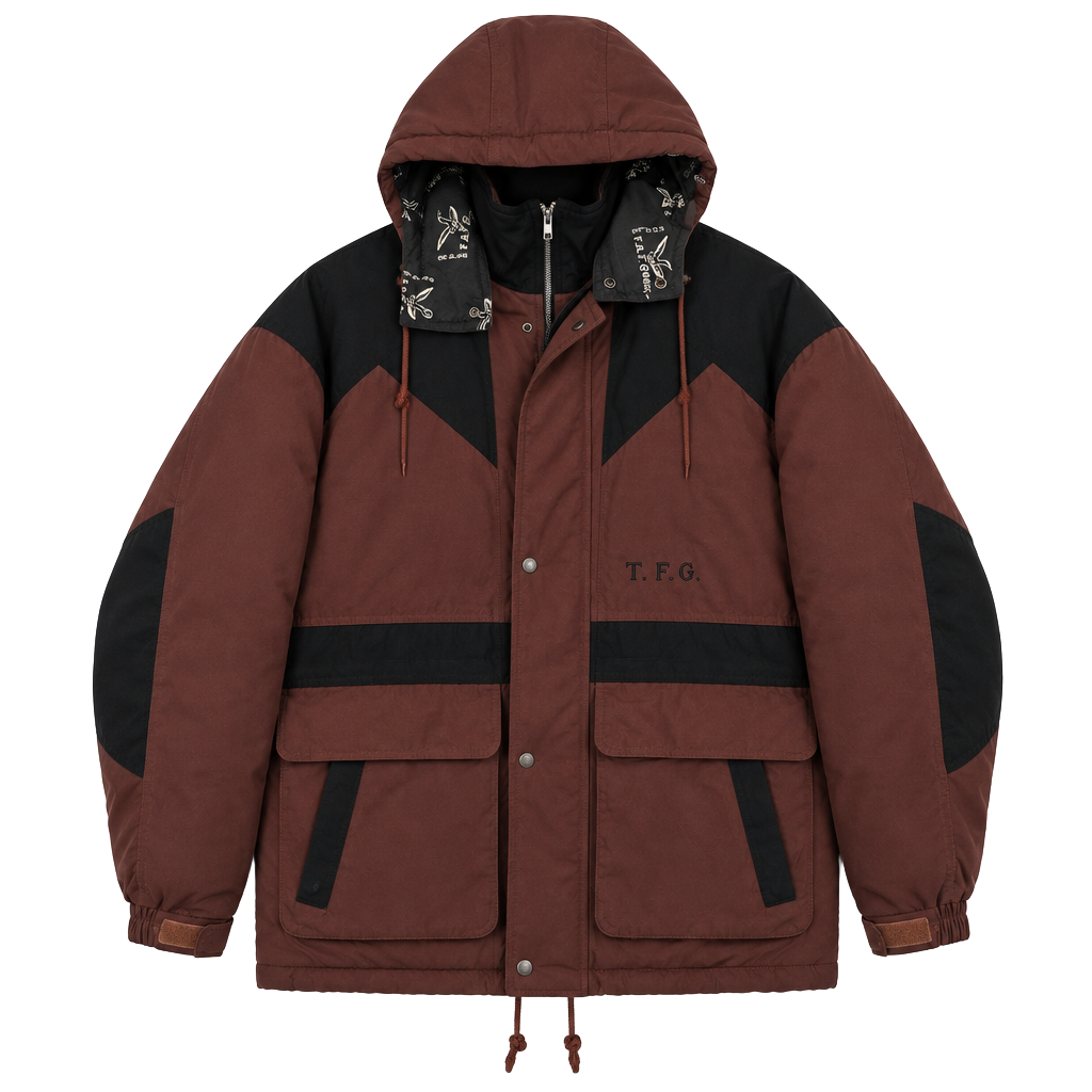 Vintage Triple Fat Goose Down Coat Parka Jacket Brown Black T.F.G. 1