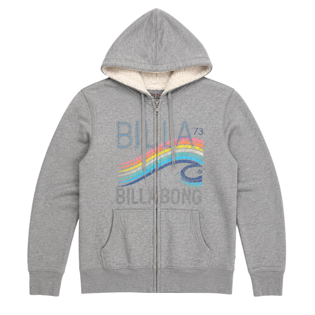 Billabong Gray Sherpa Lined Full Zip Hoodie with Rainbow Wave Graphic 1