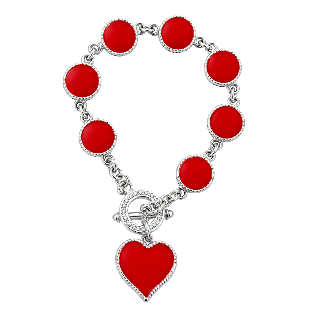 Vintage Silver Tone Red Enamel Circle and Heart Charm Toggle Bracelet 1