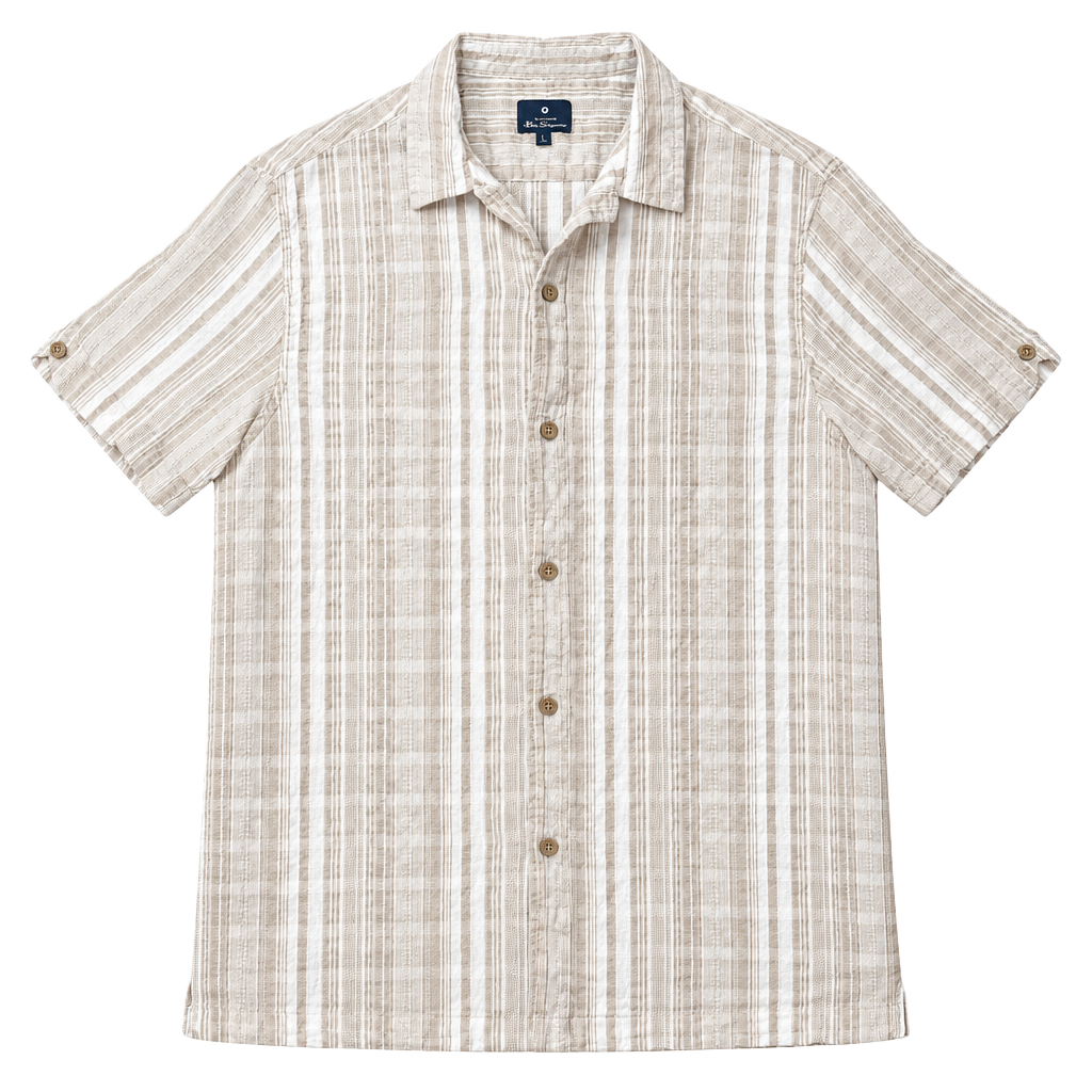 Ben Sherman Short Sleeve Button-Up Shirt Size L Beige White Striped 1