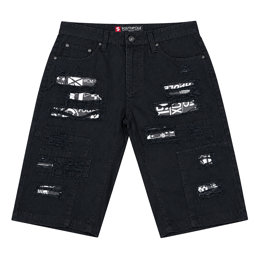 Southpole Denim Shorts Size 32 Black Distressed Patchwork Jorts 1