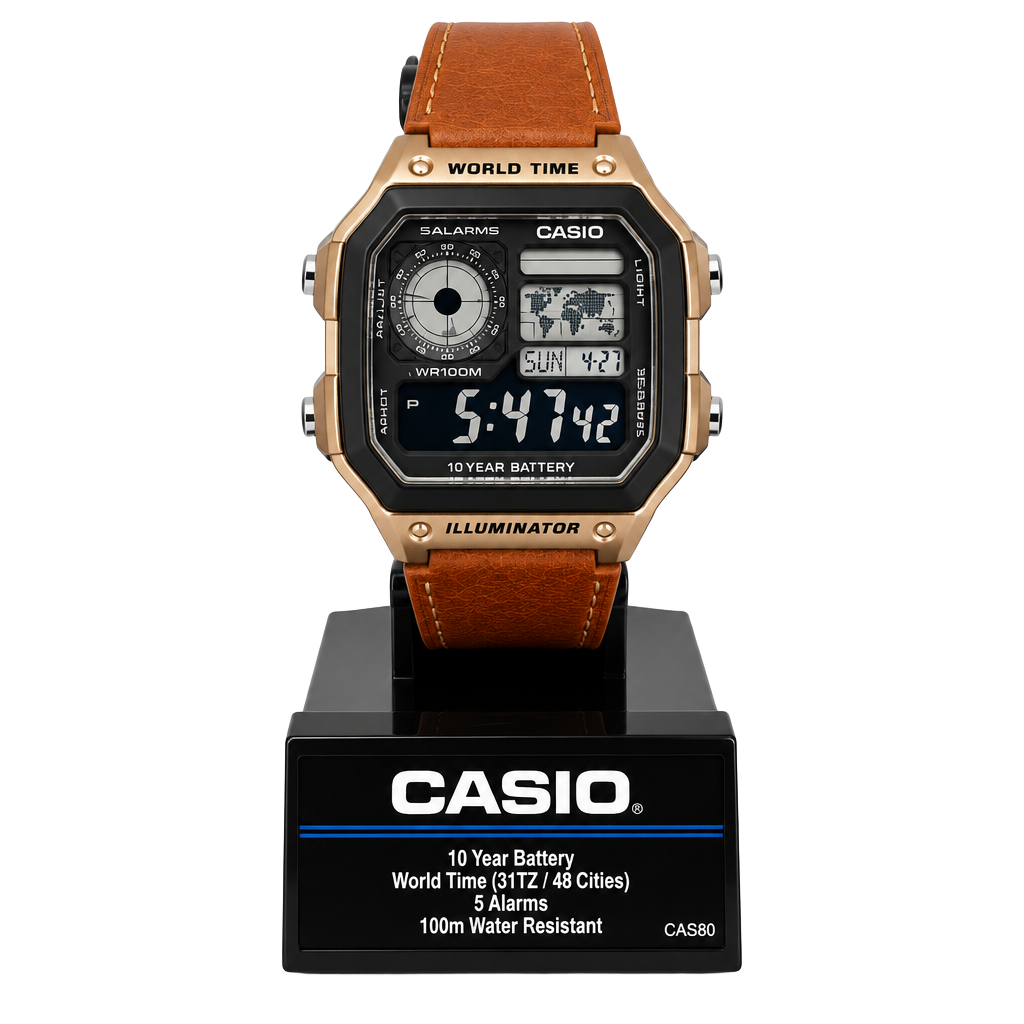 Casio AE-1200WH World Time Watch Brown Leather Strap
Half negative face 1