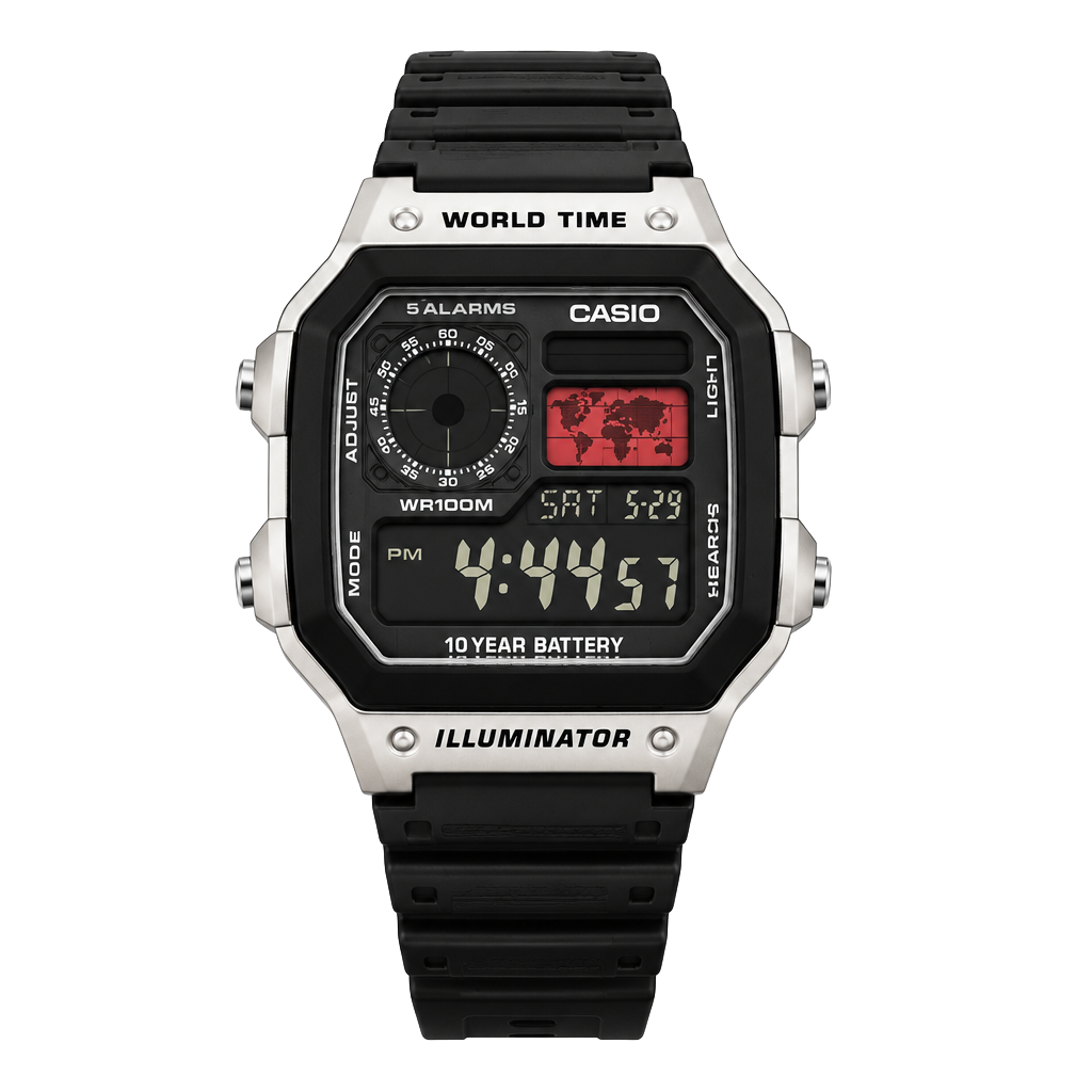 Casio World Time Digital Watch Black Silver CAS63 1