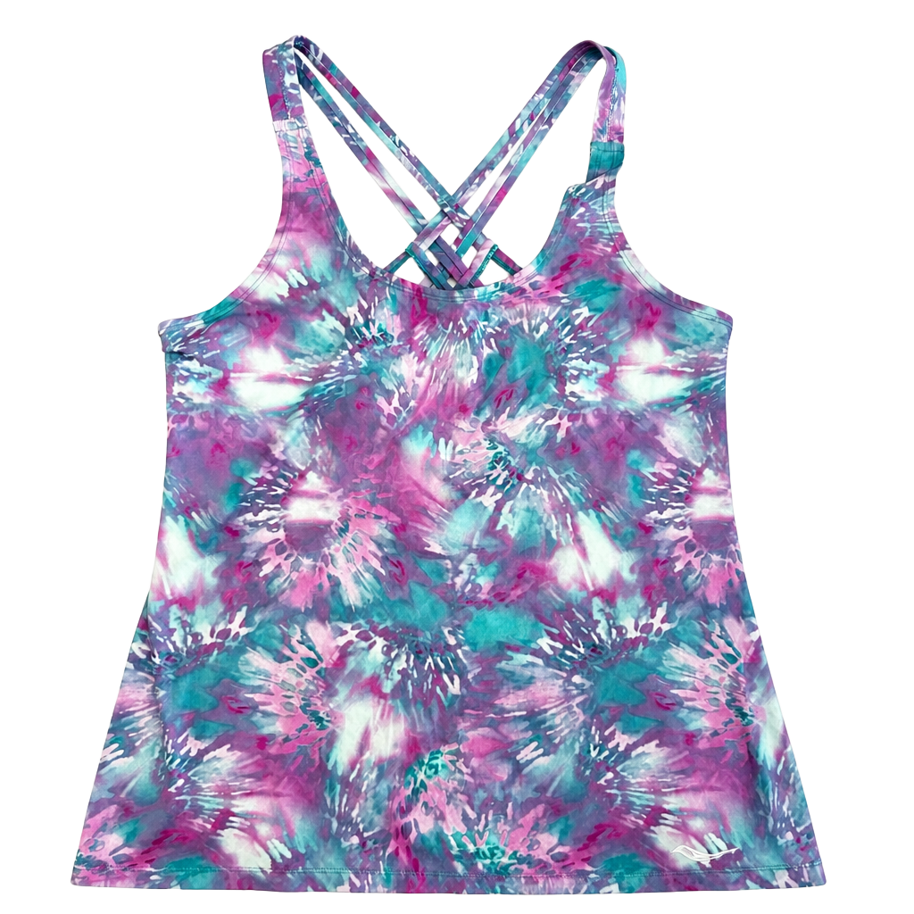 Saucony Women's Strappy Cross Back Performance Tank Top Purple Teal Tie Dye Large 1
