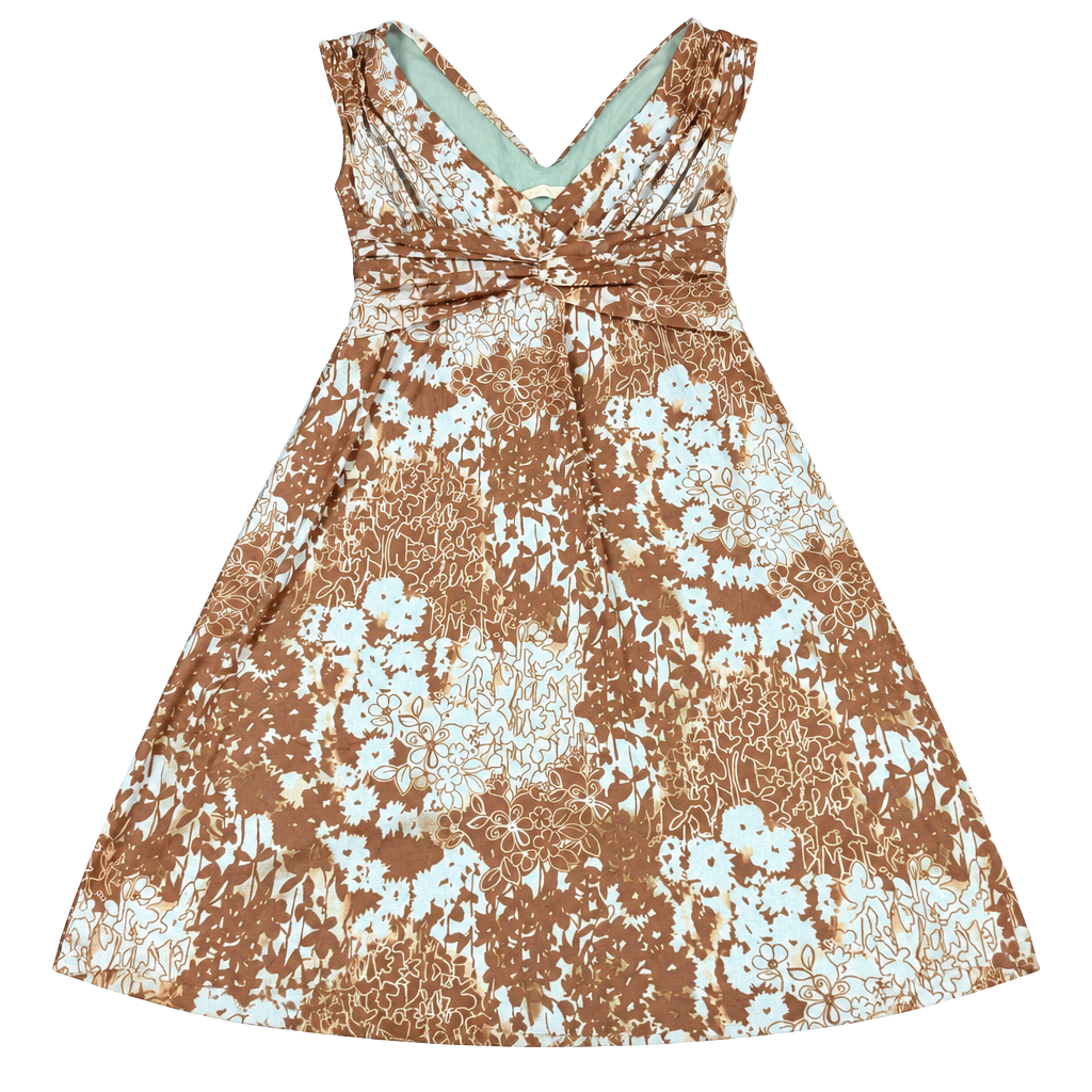 Weston Wear 2000s Floral Dress Size L Brown Blue V-Neck Sleeveless Empire Waist 1