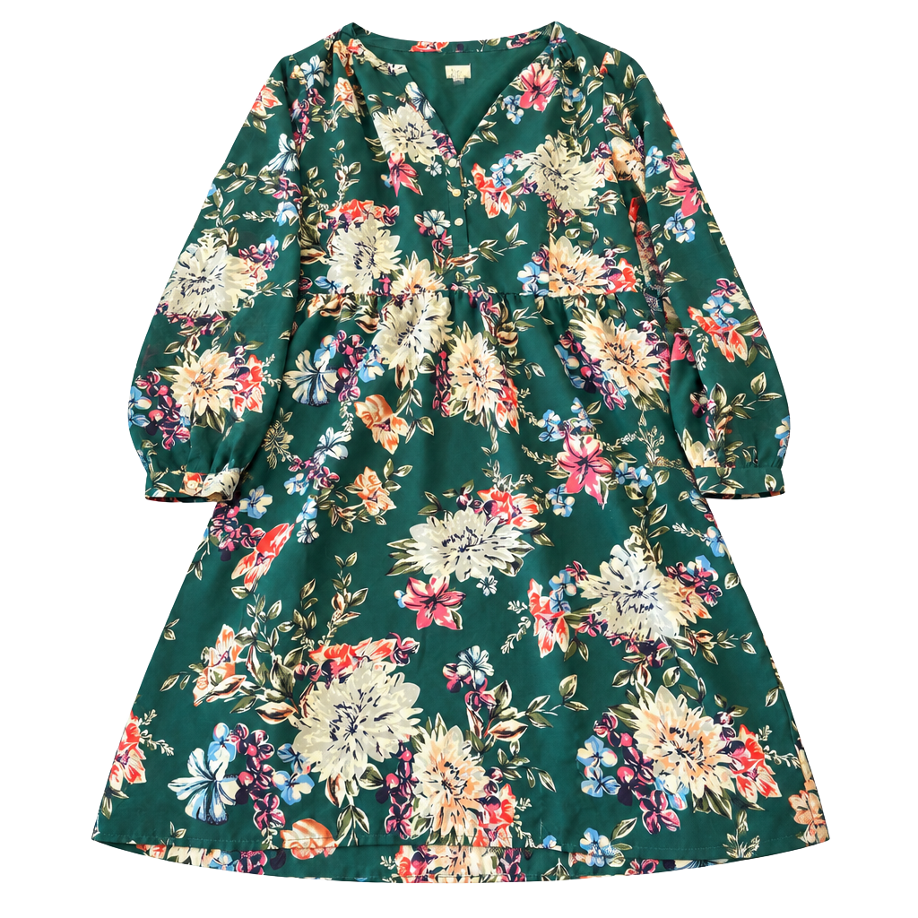 A New Day Floral Dress Size L Green Long Sleeve V-Neck 1