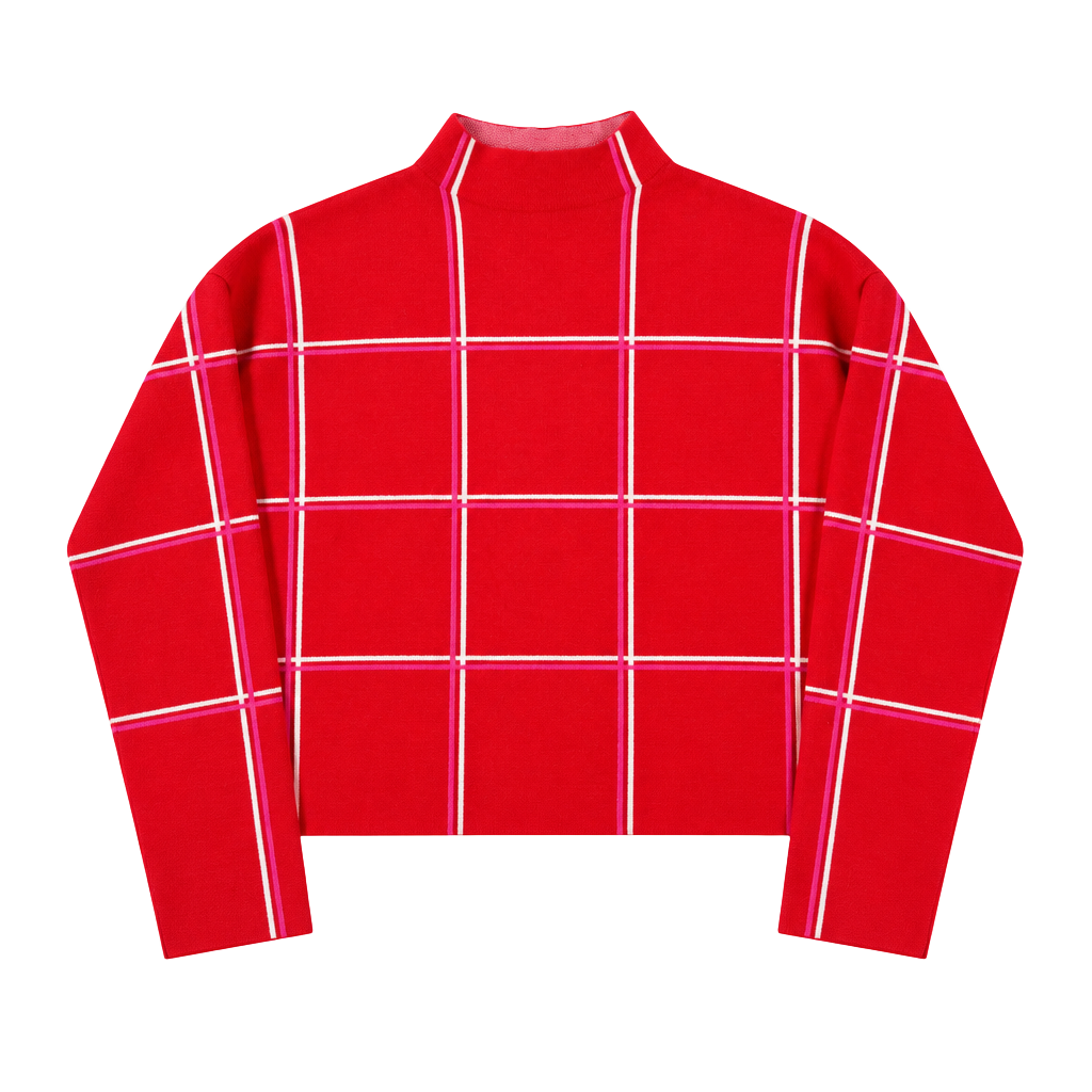 Tahari Mock Turtleneck Sweater Size XL Red White Pink Plaid Grid 1
