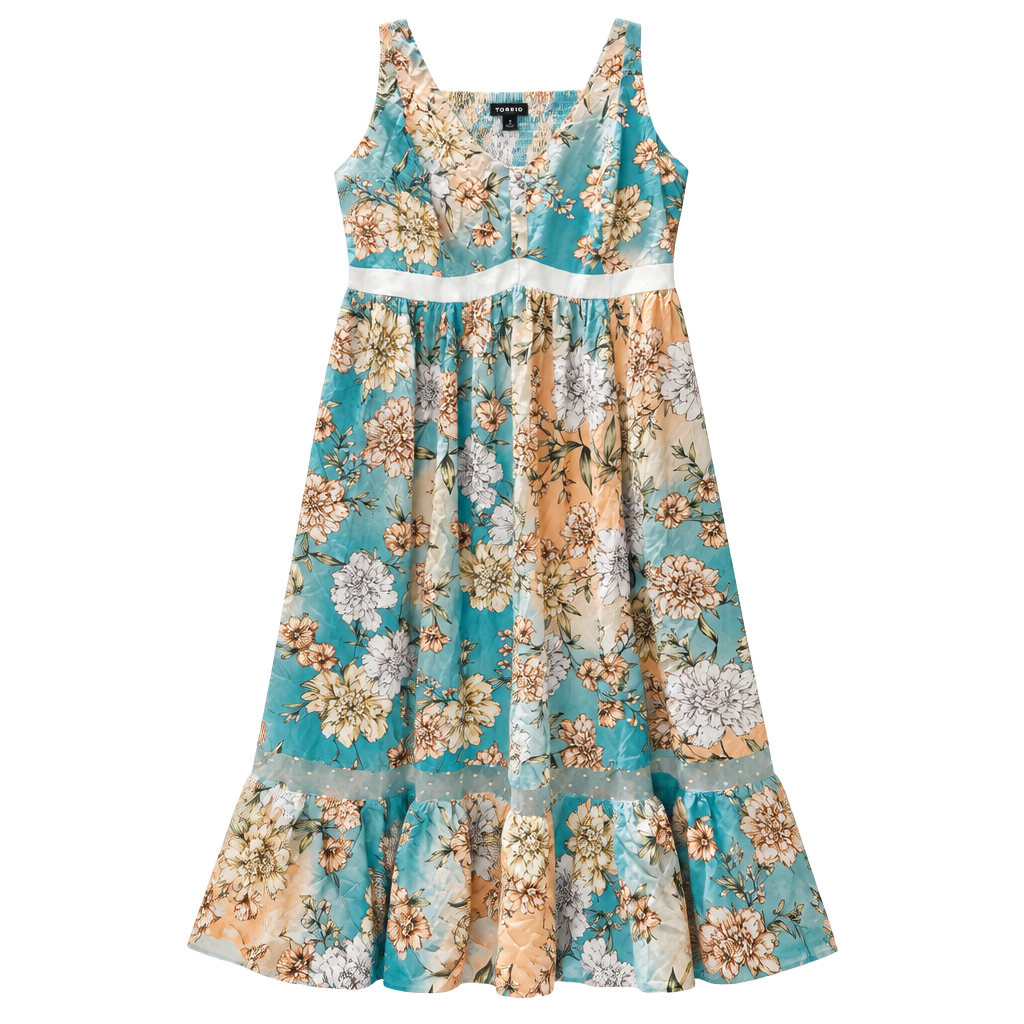 Torrid Floral Maxi Dress Size 3 Blue Peach Smocked Boho Sundress 1