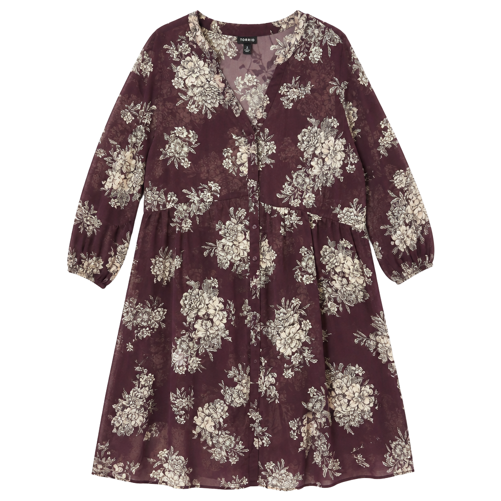 Torrid Floral Sheer Button-Up Tunic Size 3 Burgundy V-Neck Blouse 1