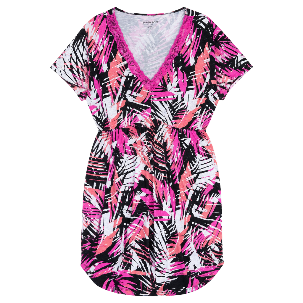 Super Soft by Torrid Sleep Dress Pink Black White Palm Print 1