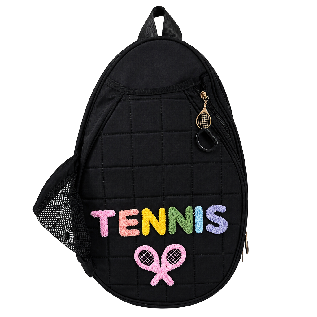 Bnf Quilted Black Tennis Racket Shoulder Bag Backpack with Colorful Chenille Letters 1