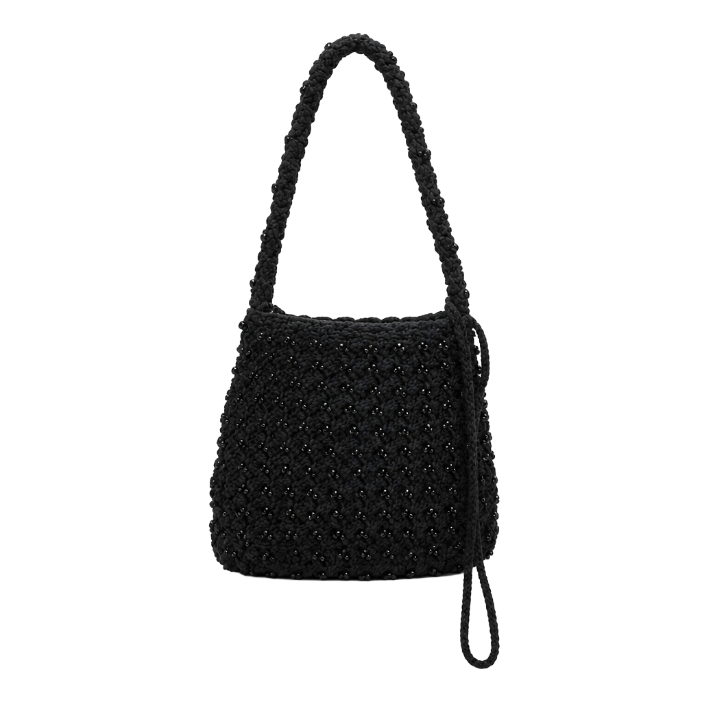 Vintage Black Crochet Beaded Shoulder Bag Purse 1