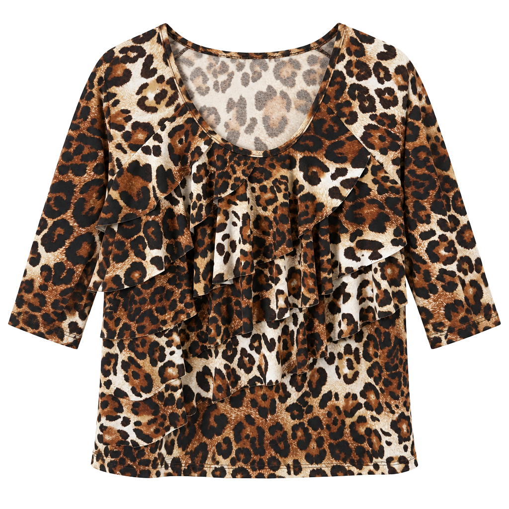 AGB Leopard Print Ruffle Top Large Animal Print Y2K Statement Blouse 1