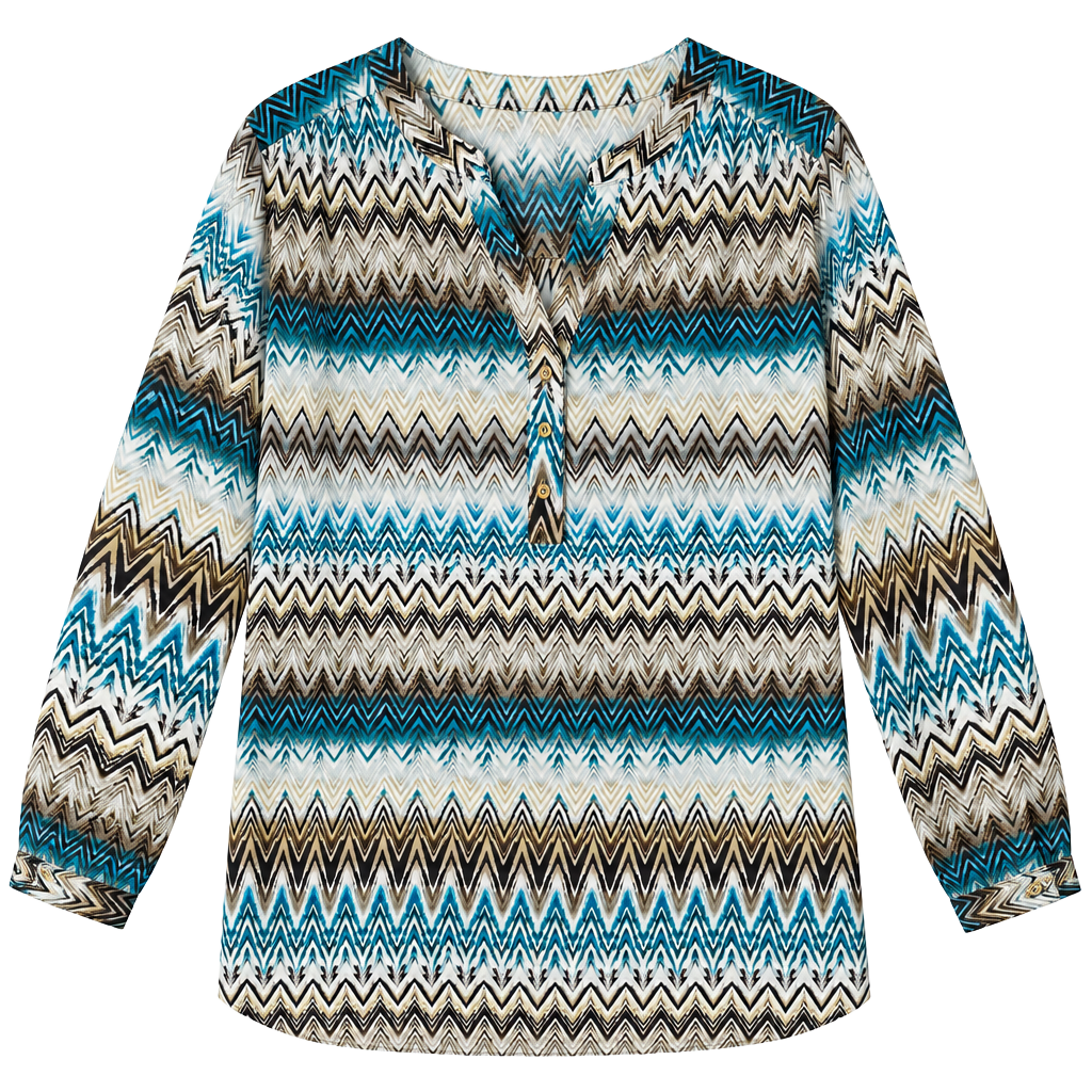 Zac & Rachel Chevron Tunic Blouse 1X Teal Brown Cream Boho Long Sleeve 1