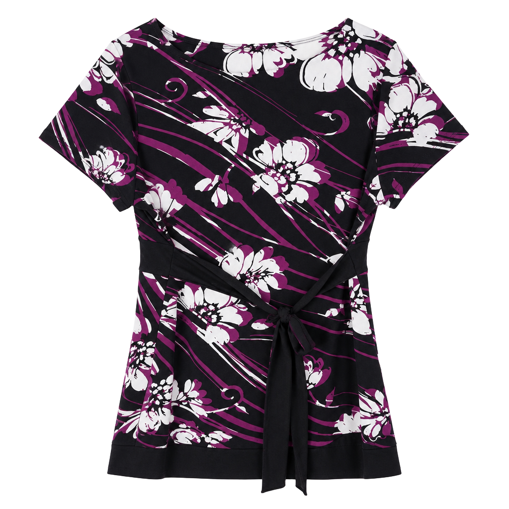 Perception Concept Top Size L Black White Purple Floral Waist Tie 1