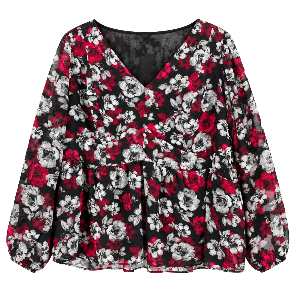 Torrid Floral Chiffon Peplum Blouse Size 2 Black Red Rose Goth Romantic 1