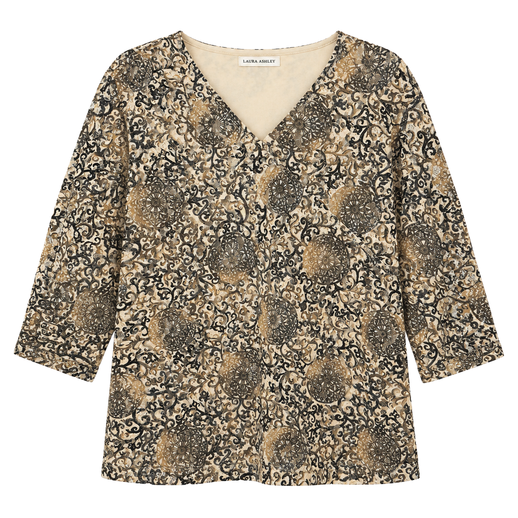 Laura Ashley XL Burnout Velvet Mesh Top Gold Sparkle Sheer Sleeve Y2K Boho 1