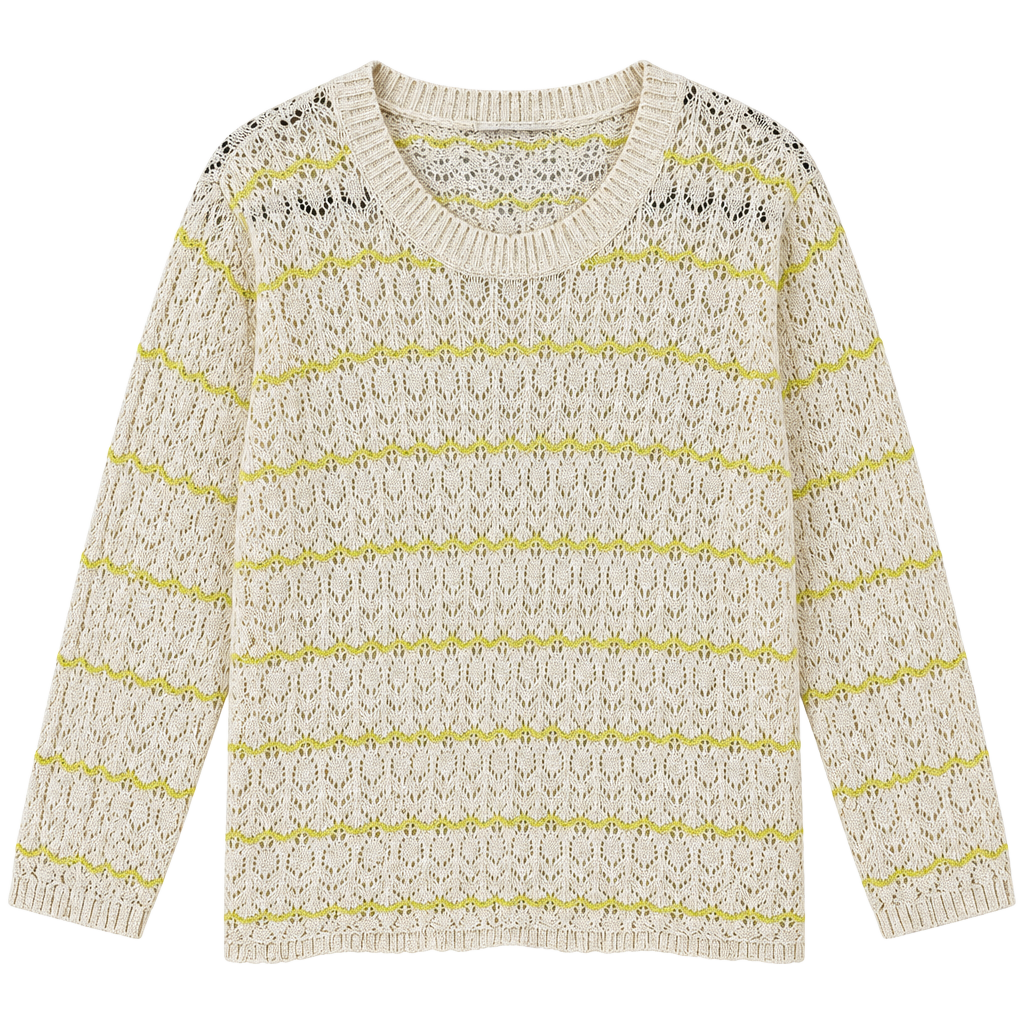Christopher & Banks XL Open Knit Crochet Sweater Cream Yellow Stripe Cottagecore 1