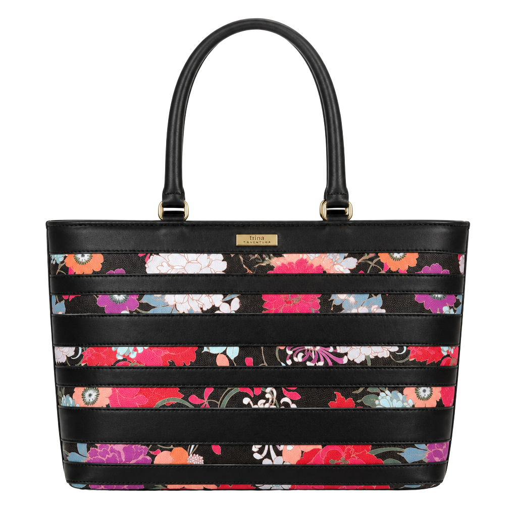 Trina Turk Floral Stripe Tote Bag Black Multi New with Tags 1