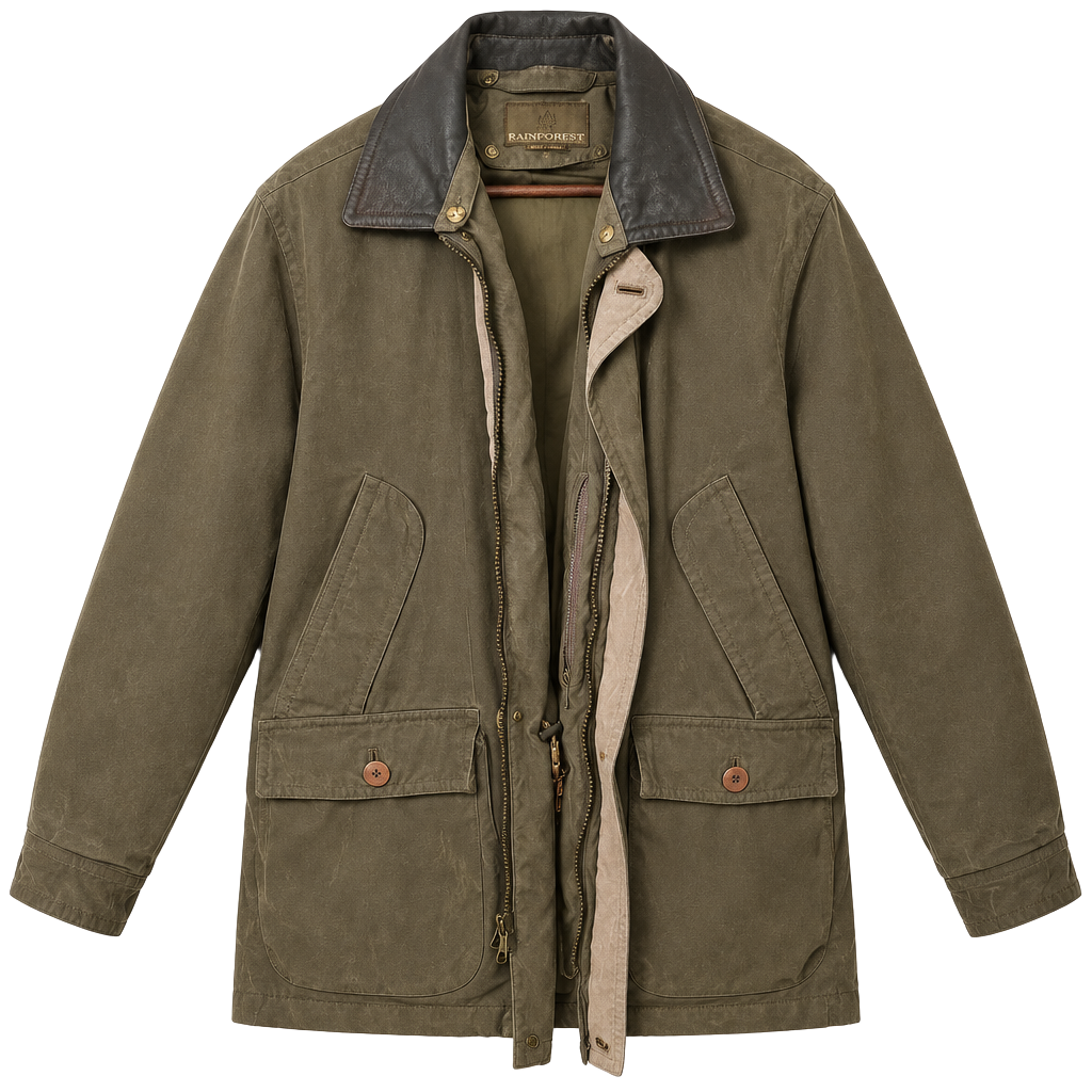 Rainforest Jacket Size S Down Fill zip out liner and removable Leather Collar Olive Green 1
