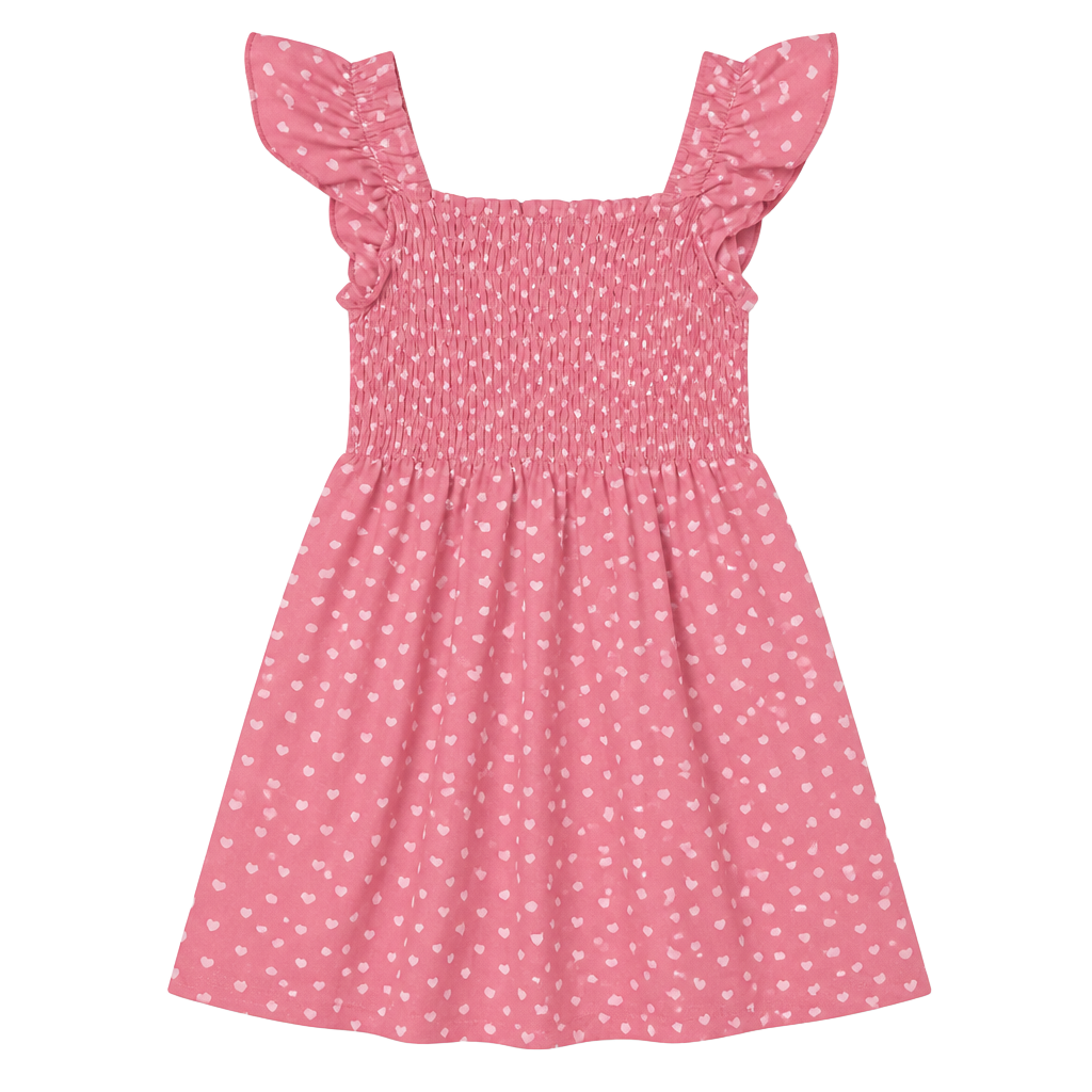 Girls Pink Smocked Short Sleeve Dress Size 4T Pink White Hearts 1