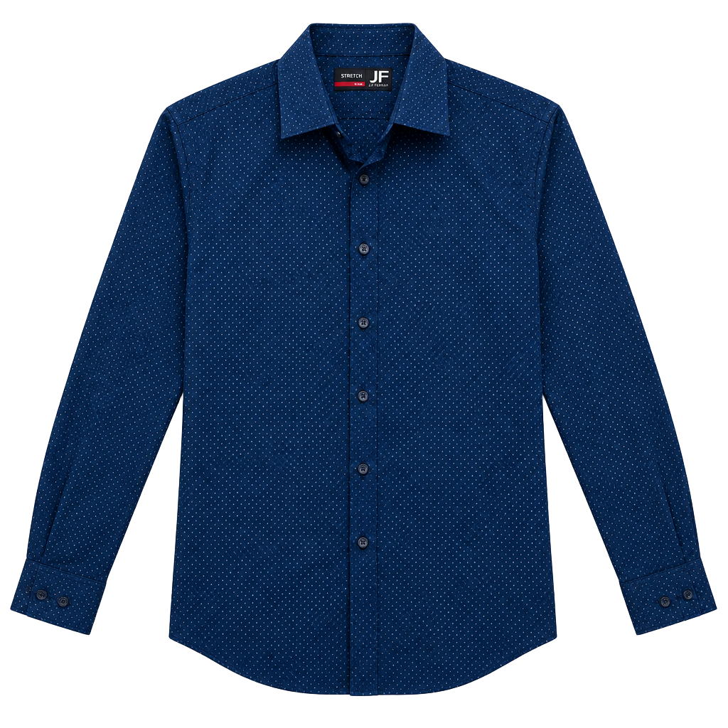 J.Ferrar Slim Fit Stretch Long Sleeve Dress Shirt Blue Polka Dot Size S 14-14.5 32-33 1