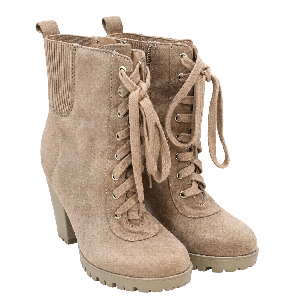 Tan Suede Lace-Up Lug Sole Block Heel Ankle Boots Size 7 1