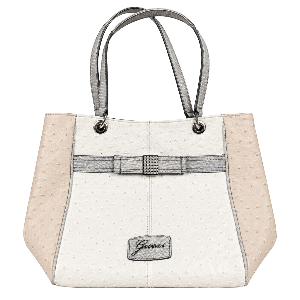 Guess Ostrich Embossed Faux Leather Shoulder Bag White Beige Bow Rhinestone 1