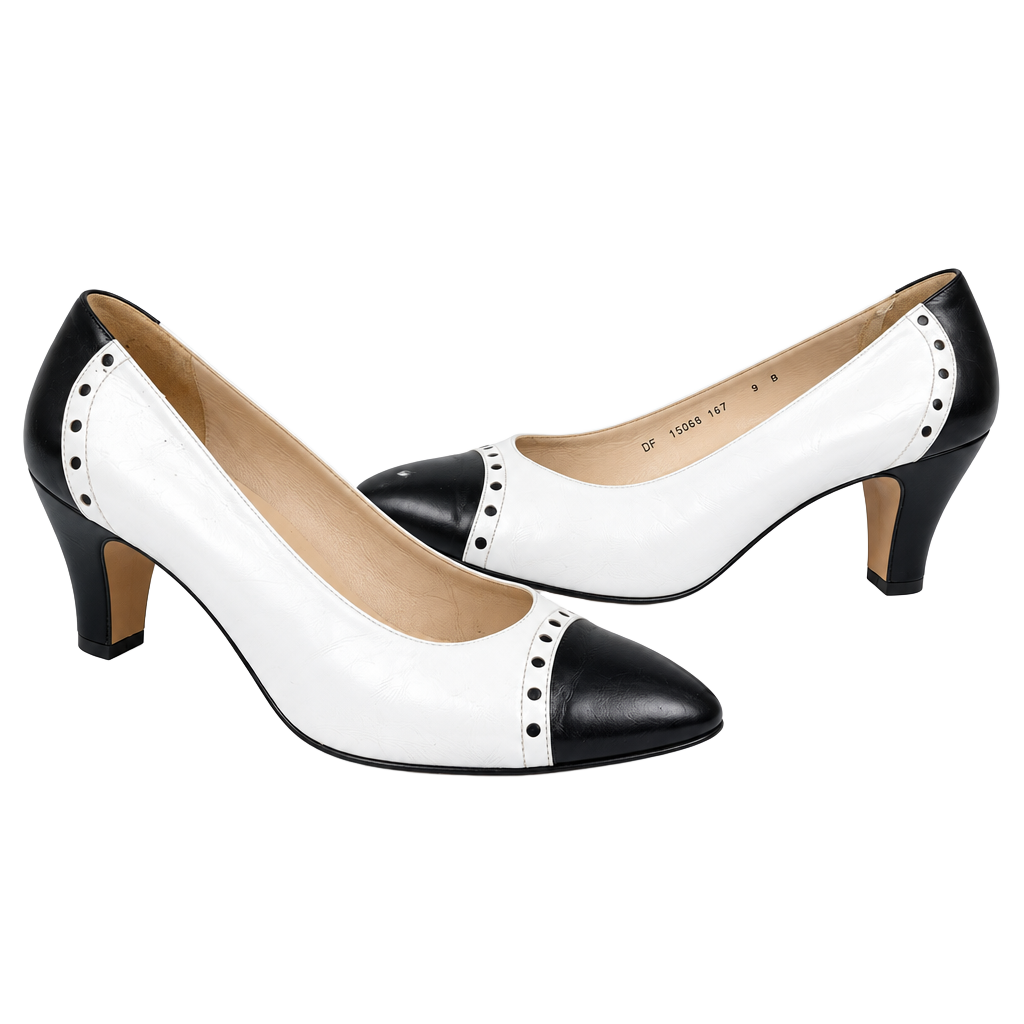 Salvatore Ferragamo Pumps Size 9 B Black White Leather Cap Toe Heels 1
