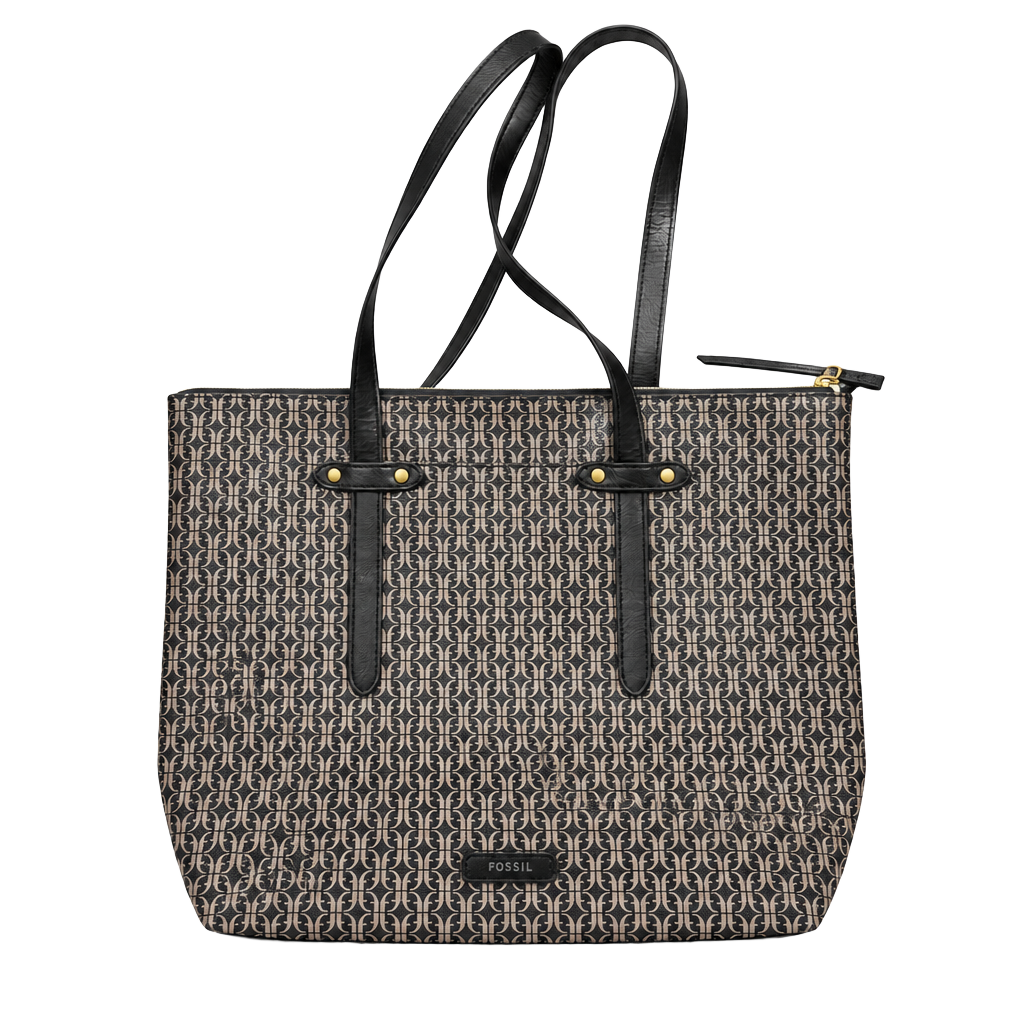 Fossil Felicity Logo Tote Bag Black Brown Monogram Shoulder Purse 1