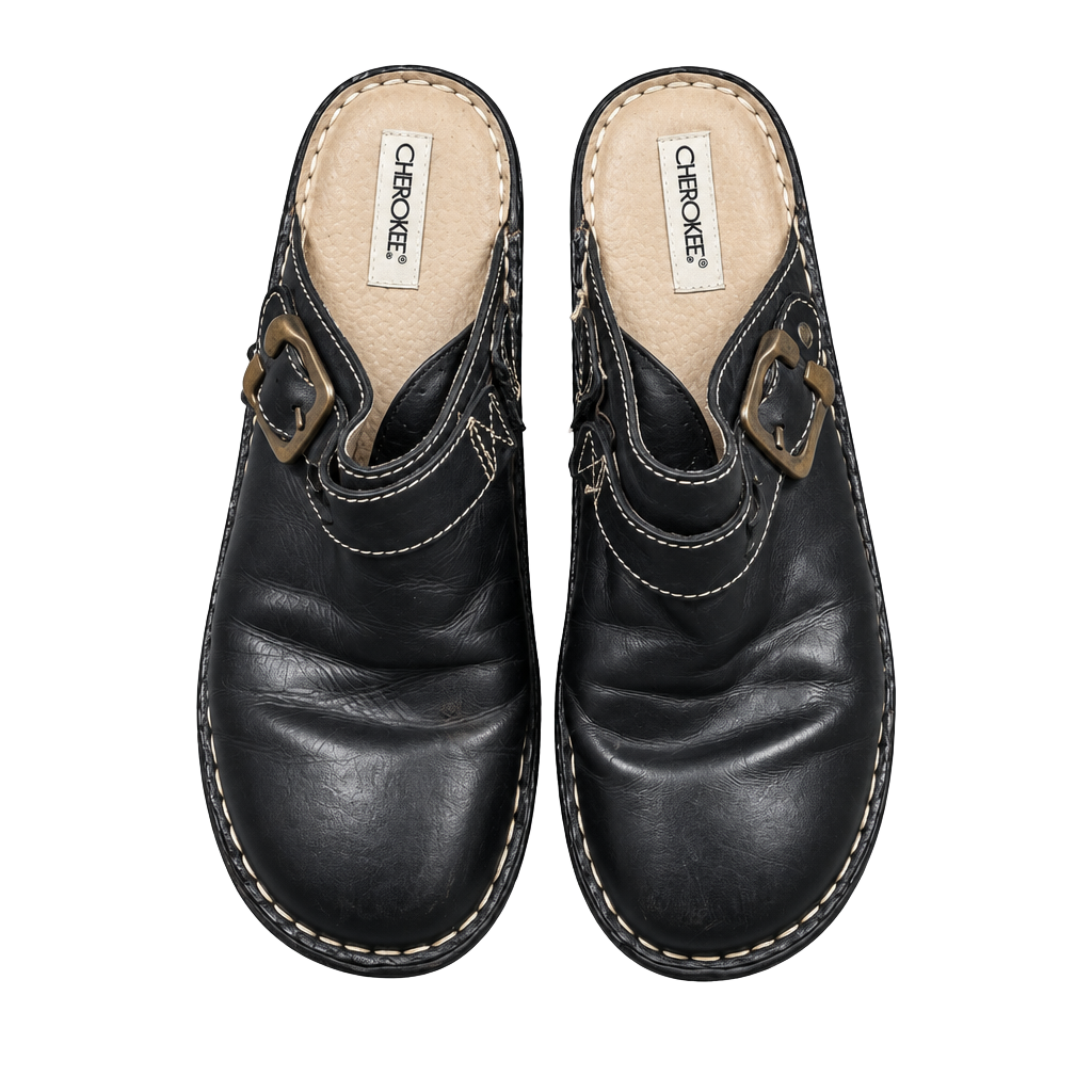 Cherokee Leather Mules Size 9 Black Buckle Clogs 1