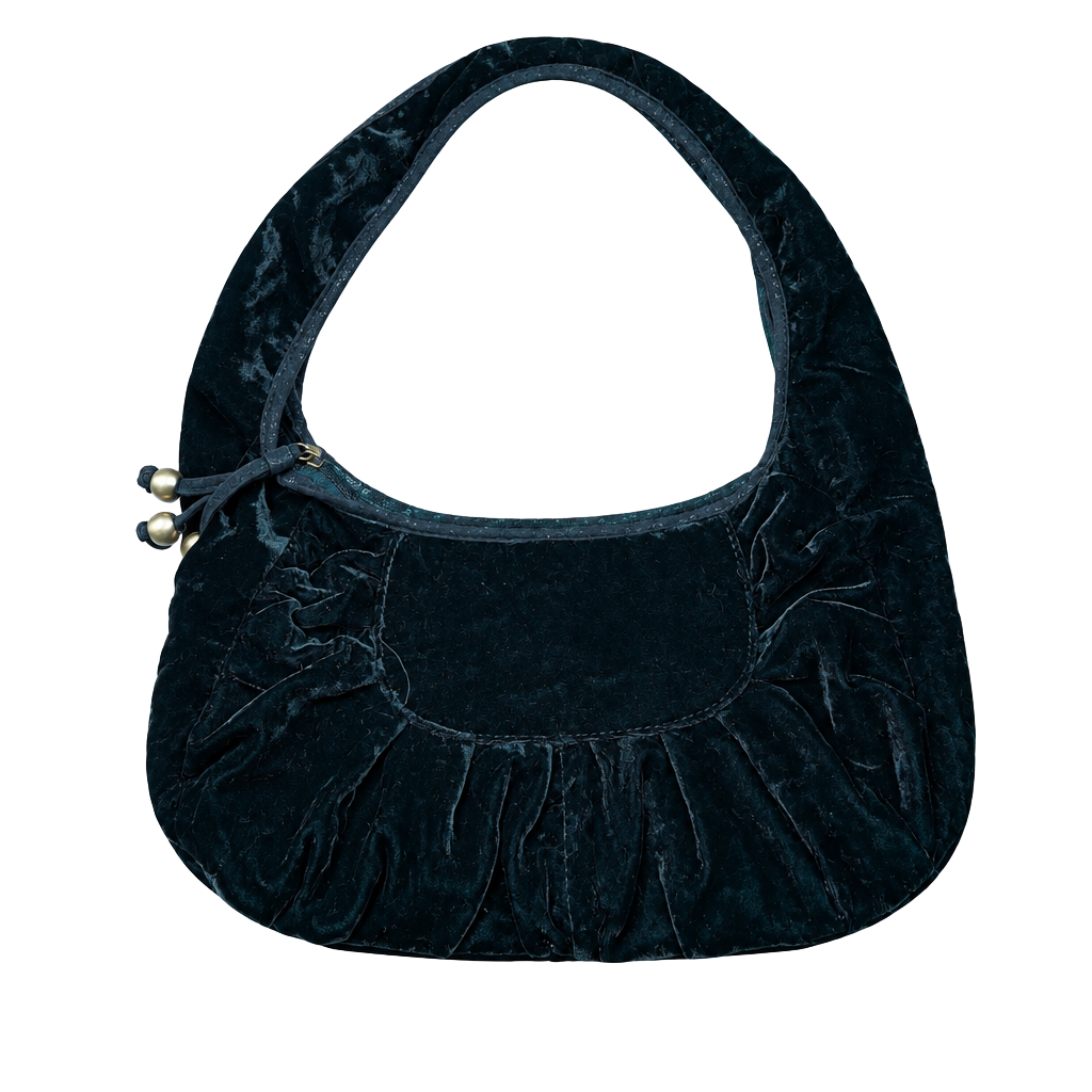 Vintage Black Velvet Ruched Shoulder Bag Y2K Gold Hardware 1